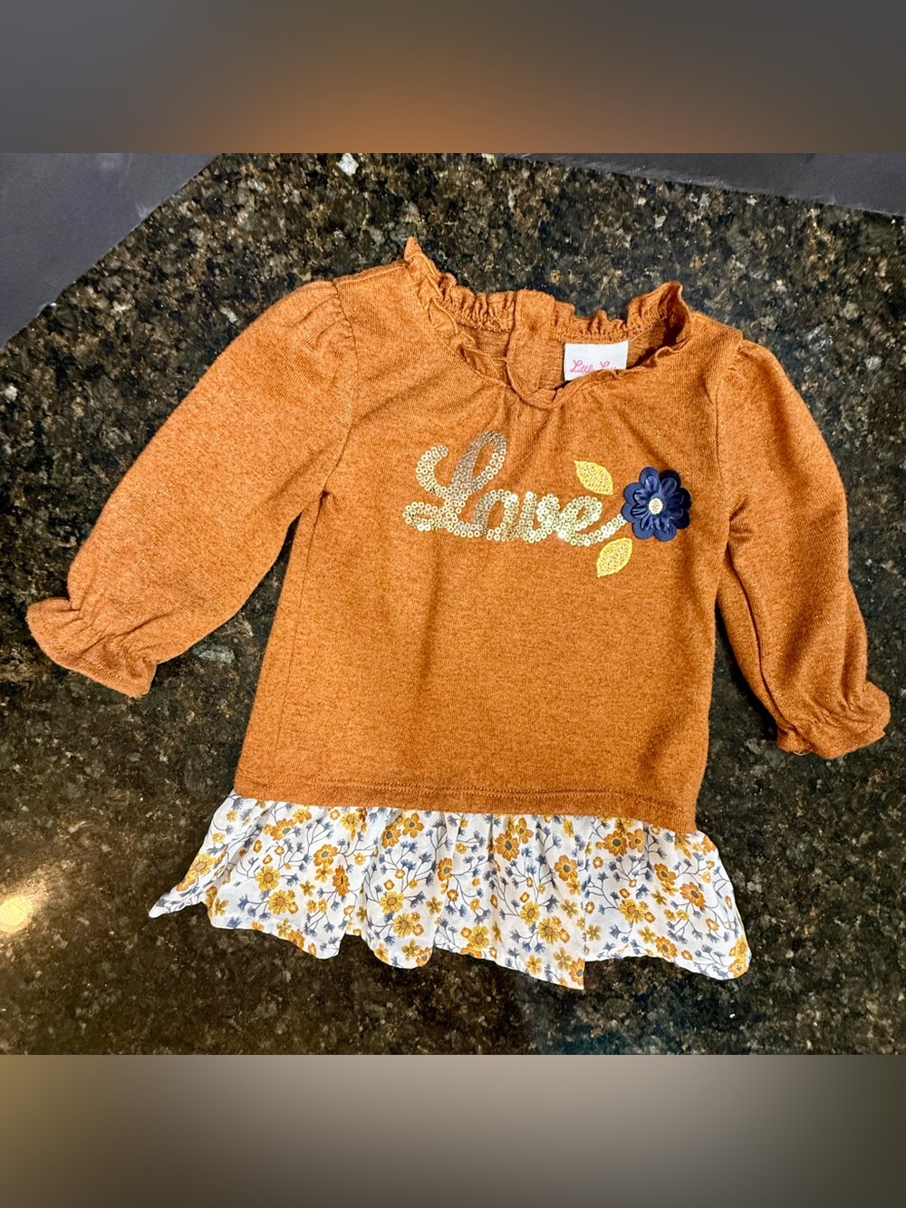 Little Lass Kids' Love Floral Ruffle Hem Long-Sleeve Top - Rust fall colors sz 4